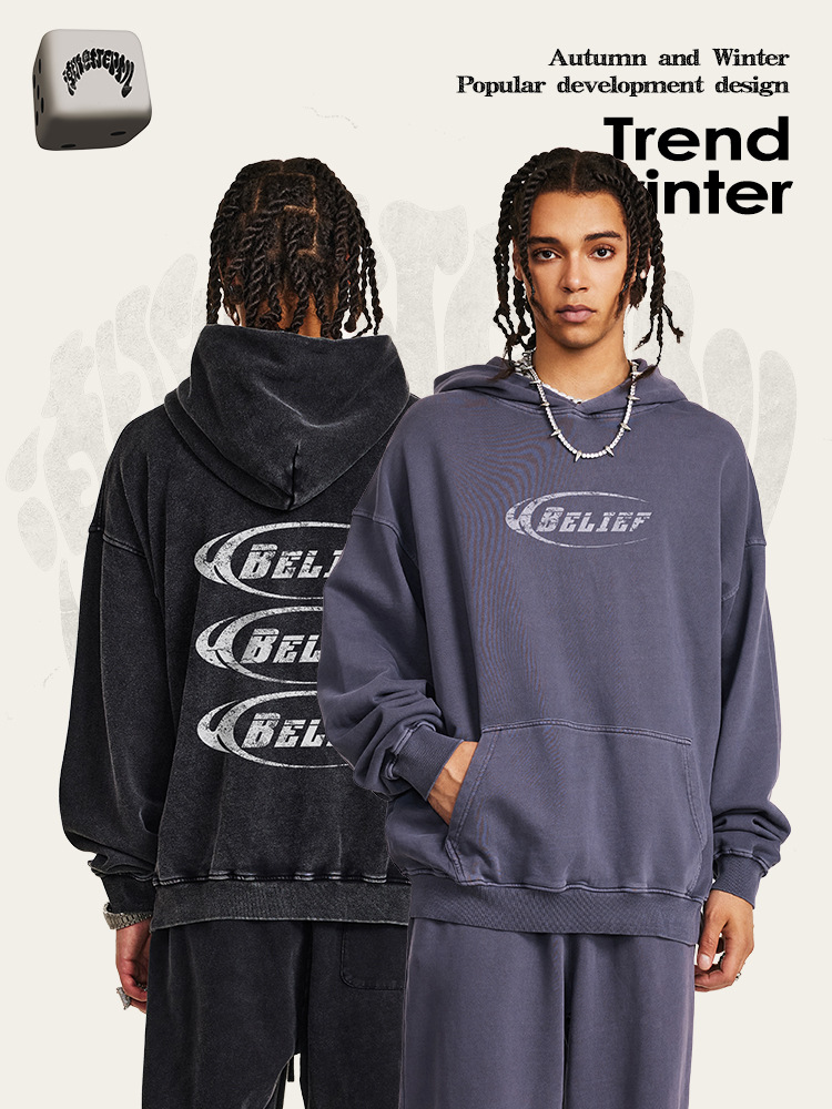 2025 otoño estilo de moda estadounidense nicho de diseño sensación de nieve frita logo suelto sombrero gran suéter hombre al por mayor