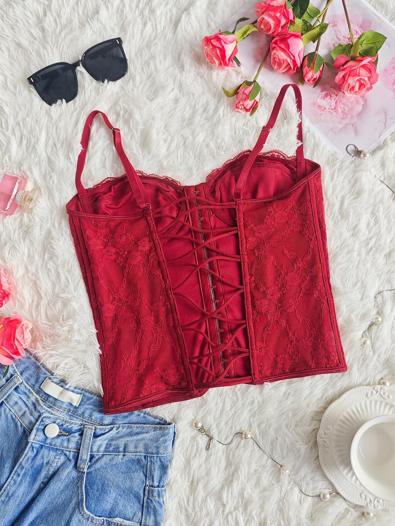 French Style Strapless Shapewear Camisole With Jacquard Bra Design_voghion.com