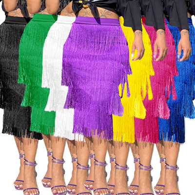 Women sexy fashion royal blue yellow purple black white party tassels skirts solo singers performance skirts night club bar fringed elegant bodycon skirts for female