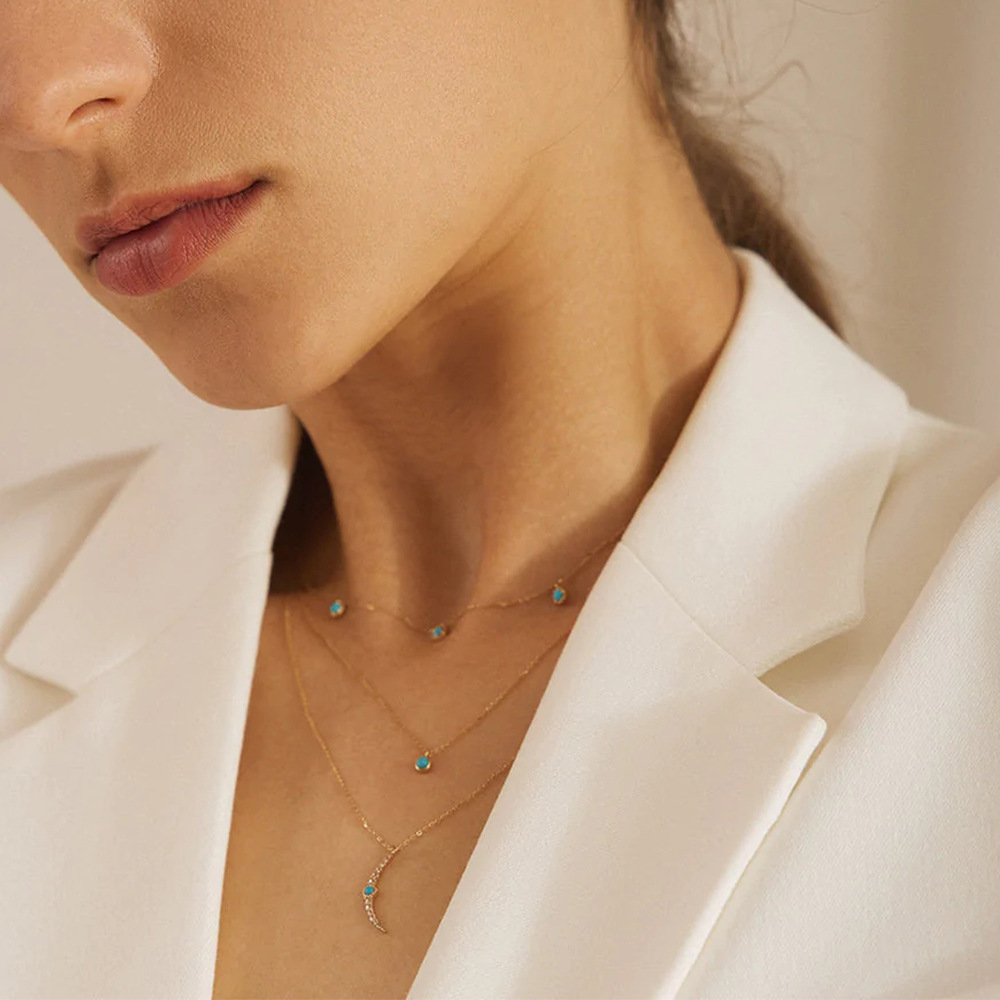 Fashion Round Moon Sterling Silver Inlay Turquoise Zircon Pendant Necklace 1 Piece