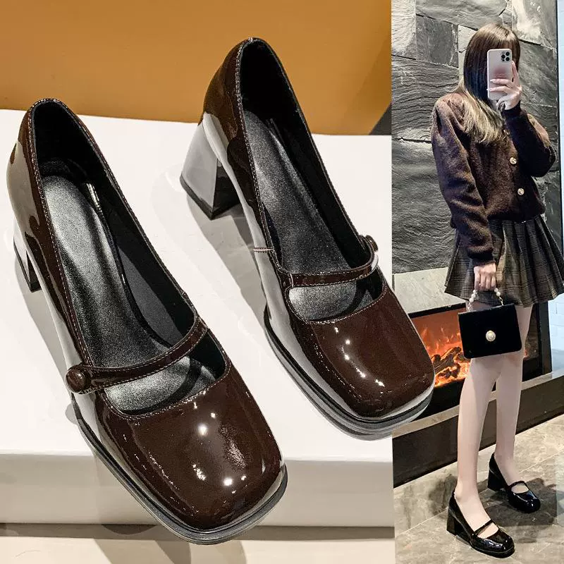 Обувь Мэри Джейн Женская 2023 Весна Новая французская винтажная кожаная обувь с квадратным носком и мелким ртом Лето и осень на толстом каблуке на высоком каблуке