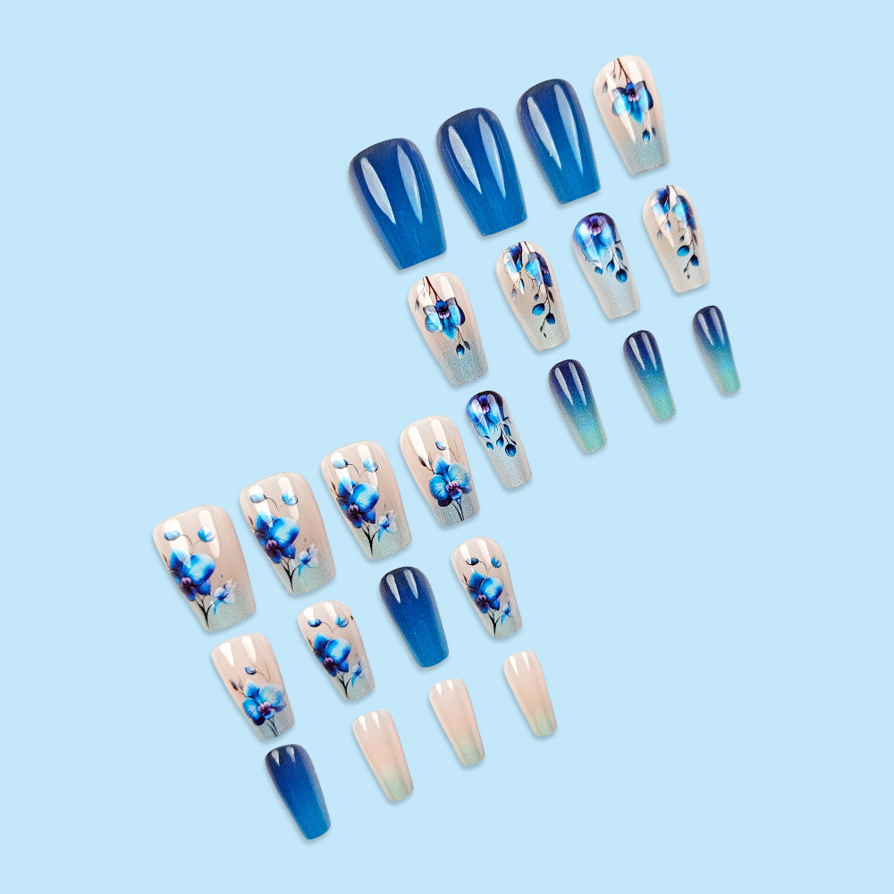 Azul gradiente tipo ballet manicure parche de uñas simples flores falsas parches de uñas transfronterizas ventas calientes cortas para usar uñas