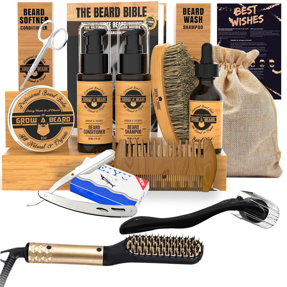 국경 간 수염 스트레이트너 빗 세트 수염 브러쉬 면도기 블랙 그리드 양면 빗 롤러 수염 밤