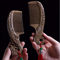 Golden Silk Sandalwood Dragon and Phoenix Dance Hair Comb with Handle, Wide-Tooth Wooden Comb with Tassels, Double-Side Exquisite Carving, Perfect Gift Item