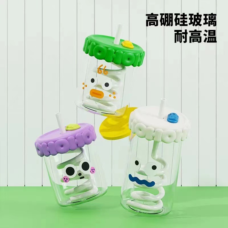 玻璃吸管杯女帶蓋高硼硅單層水杯兒童可愛辦公室杯子咖啡杯批發