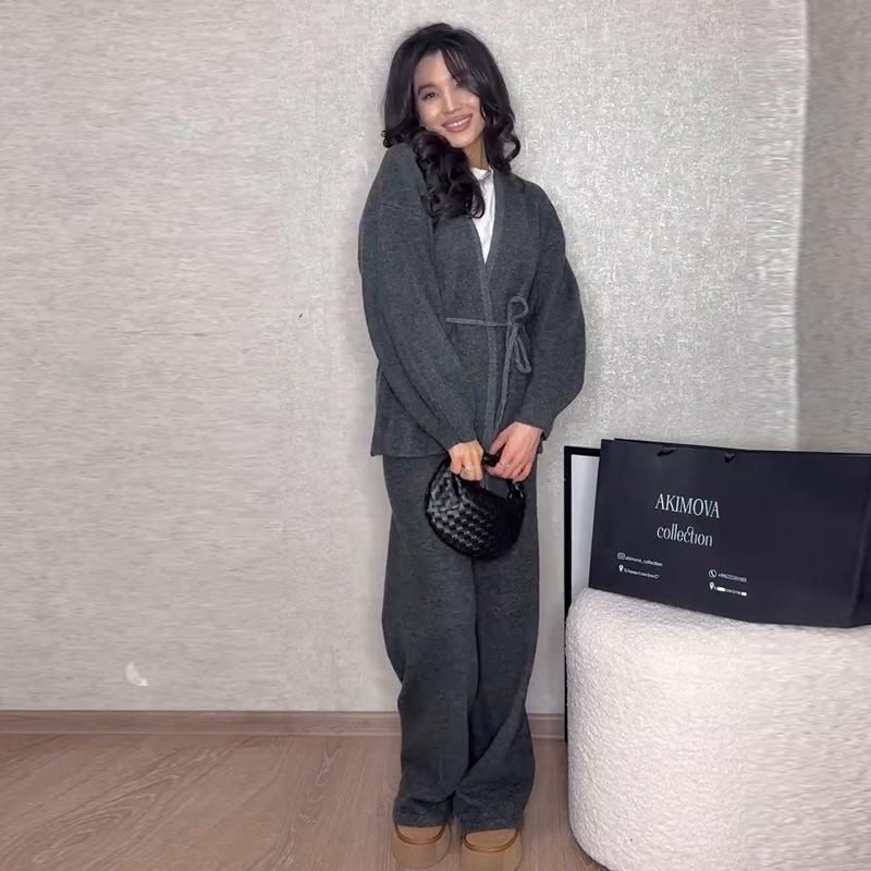 2025 nueva ropa de mujer Europa y América Amazon comercio exterior transfronterizo herringbone cardigan alto pantalón gris alto dos piezas