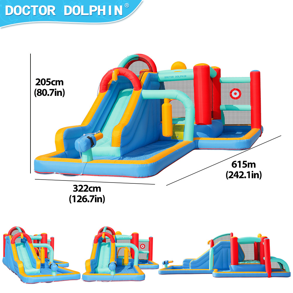 Doctor Delfín | Castillo inflable para exteriores, pequeño castillo con rociador de agua para niños, trampolín inflable doméstico y tobogán combinados, antideslizante