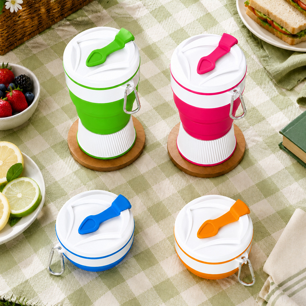휴대용 실리콘 접이식 물컵 500ml 카라비너 등산 캠핑용
