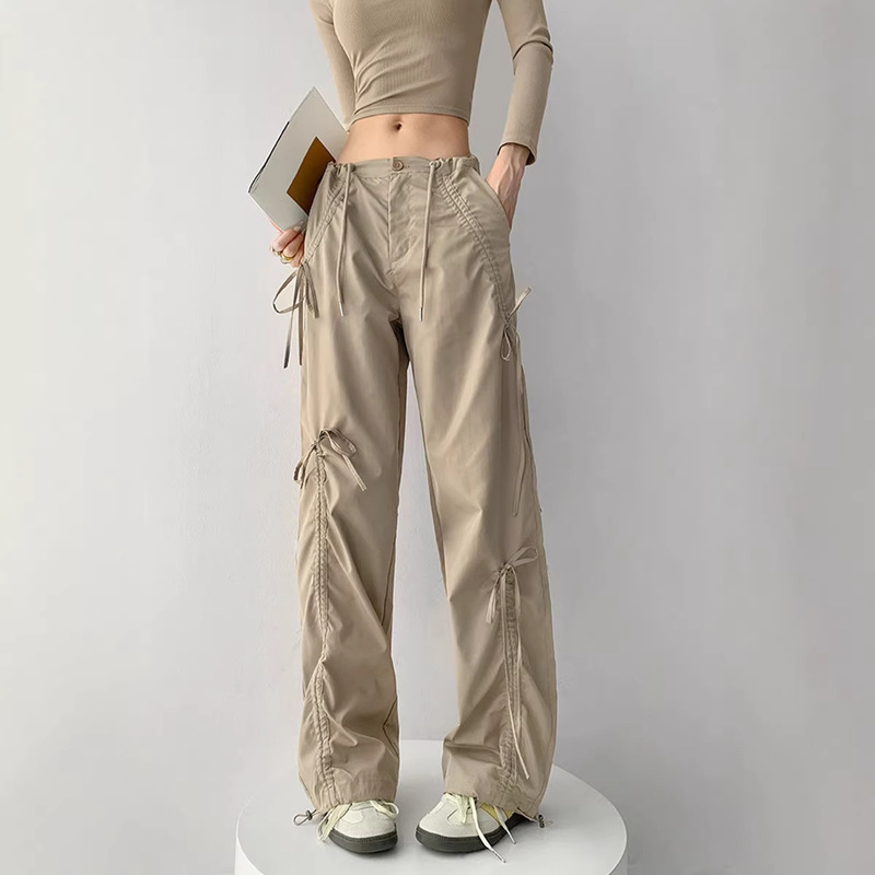 Summer and Spring American-Style Spicy Girl Cargo Pants for Women with Bowknot, Thin Khaki Autumn Slim-Fit Casual Wide-Leg Pants, Loose Sports Long Pants