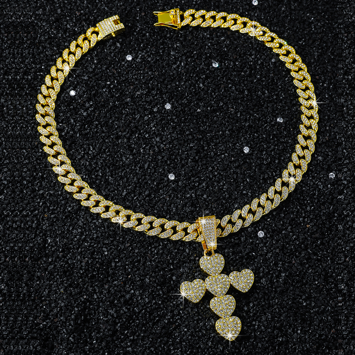 Street, Shopping Occasion New Personalized Men's Full Diamond Chain Hip Hop Style Heart-Shaped Cross Pendant Necklace