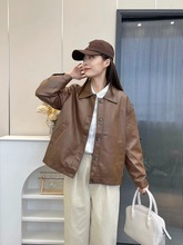 2023早秋新款韩版休闲随性纯色翻领宽松衬衫式皮衣外套女