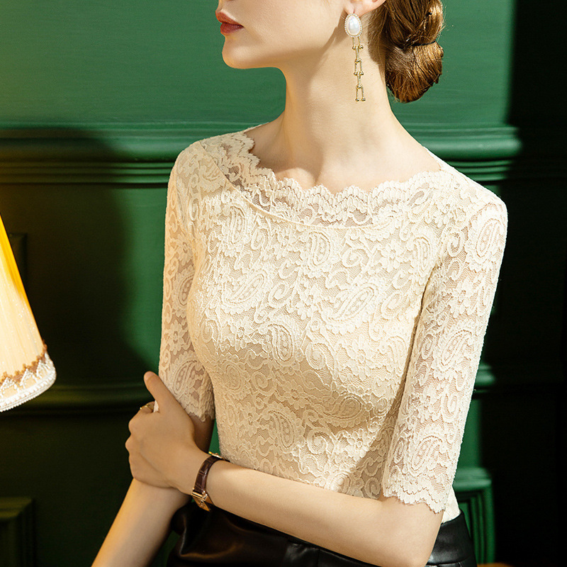 Autumn New Style One-word Collar Lace Base Shirt Women's Half-sleeve Slim-fit Stylishly Inner Half-sleeve Top Mid-sleeve