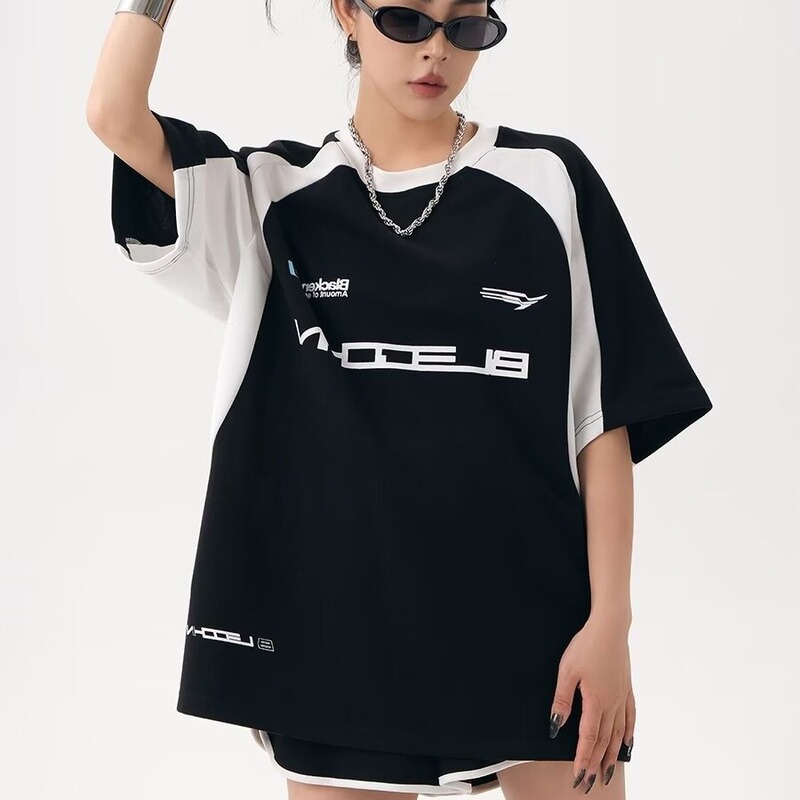 American fashion brand summer short-sleeved T-shirt women's Korean-style loose retro stitching printed niche design personality