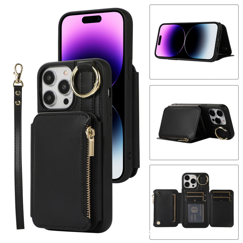Suitable for Iphone16 Mobile Phone Case 15Pro Ring Zipper Diagonal Protective Cover 14Plus Mobile Phone Leather Case Card Suitable for Iphone16 Mobile Phone Case 15Pro Ring Zipper Diagonal Protective Cover 14Plus Mobile Phone Leather Case Card