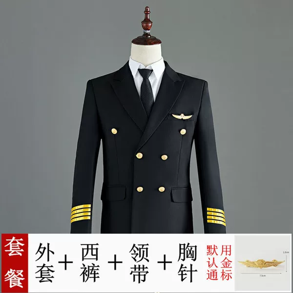 Black jacket, trousers, tie, brooch