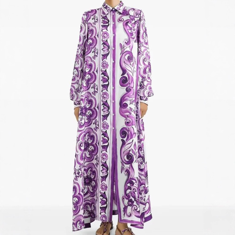 Cross-Border Women's Lapel Single-Breasted Long-Sleeved Loose Printed Dress Autumn Women's New Long Shirt Dress