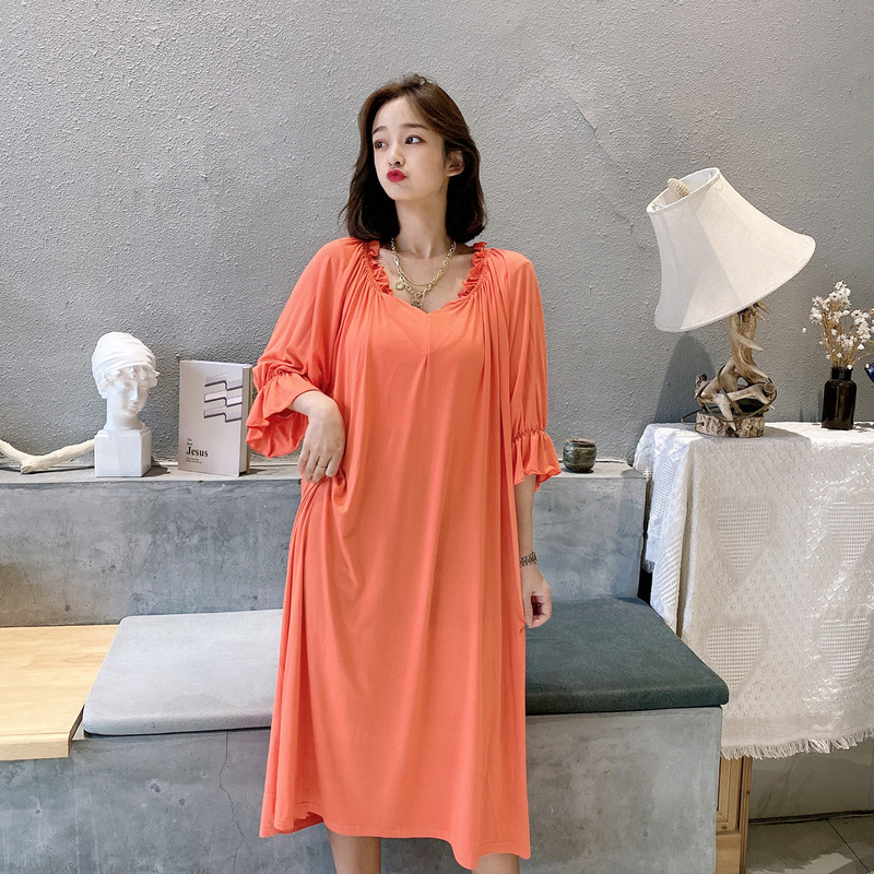 300 Jin Women's Summer Modal Dress Outer Wear Mid-length Muar Sleeve V-neck Large Size Nightgown Thin Home Wear