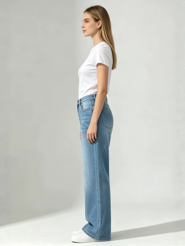 Jeans Rectos para Mujer de Mezclilla de Algodón de Cintura Alta Lavados Sin Elasticidad image 4
