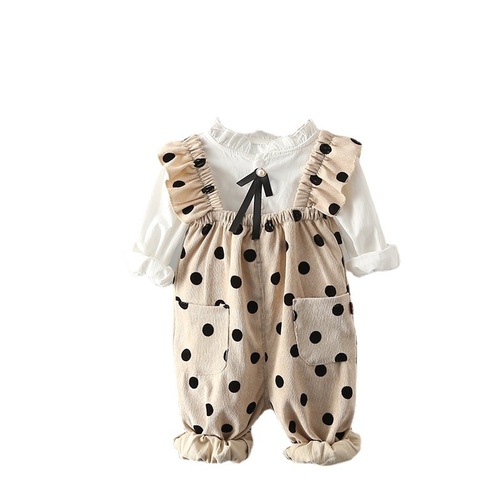 Infants and young children's fashionable autumn polka dot overalls set for children, spring and autumn, girls and babies, new two-piece set