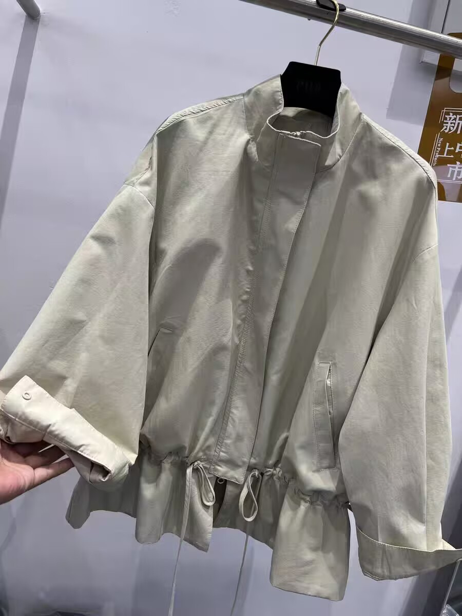 ng2510292 European Style 2026 Spring New Stand Collar Zipper Drawstring Fashionable Loose Casual Mid-Length Trench Coat Women's_ecoleips.com