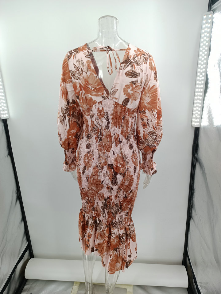 Women's A-line Skirt Casual V Neck Printing Long Sleeve Ditsy Floral Midi Dress Daily display picture 21