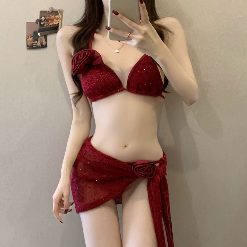 Pool Party Style Split Swimsuit Women's South Korea Sexy Bikini High-end Pure Desire Style New Solid Color Bikini