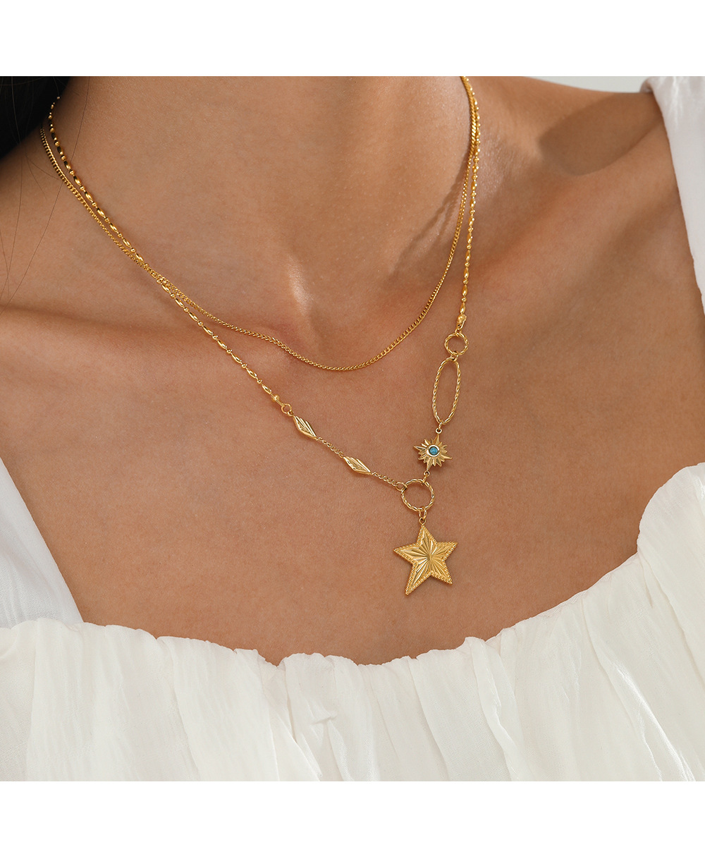 Fashion Pentagram Stainless Steel Gold Plated Turquoise Layered Necklaces