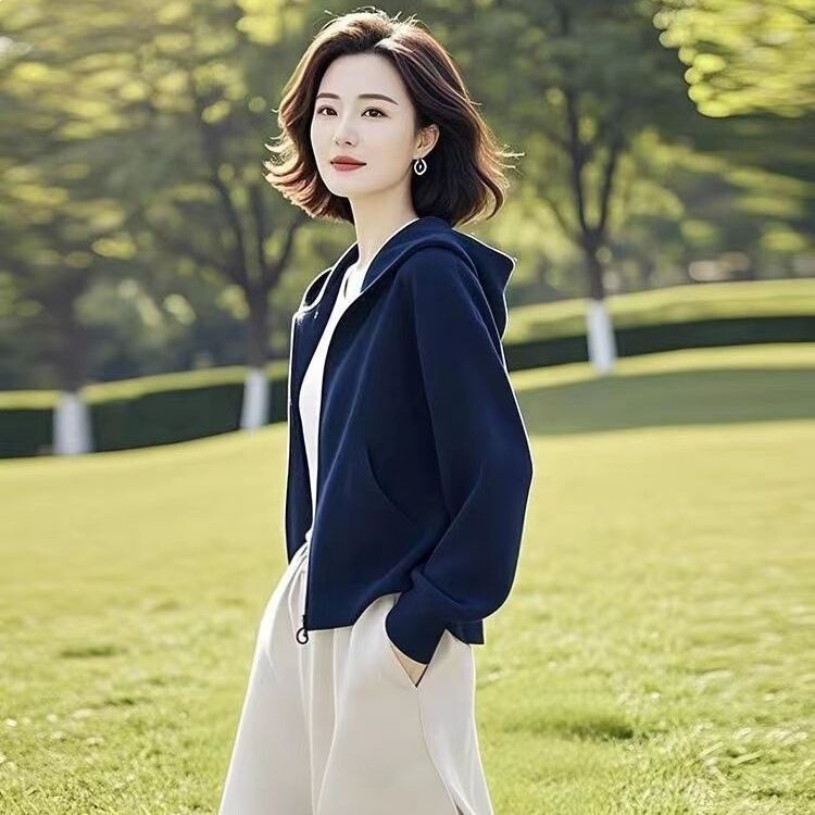2026 Trendy Spring Fashion for Petite Women: Casual, Lightweight, High-End, Mature Style, Dark Blue Sweatshirt Jacket for Women 2026 Trendy Spring Fashion for Petite Women: Casual, Lightweight, High-End, Mature Style, Dark Blue Sweatshirt Jacket for Women