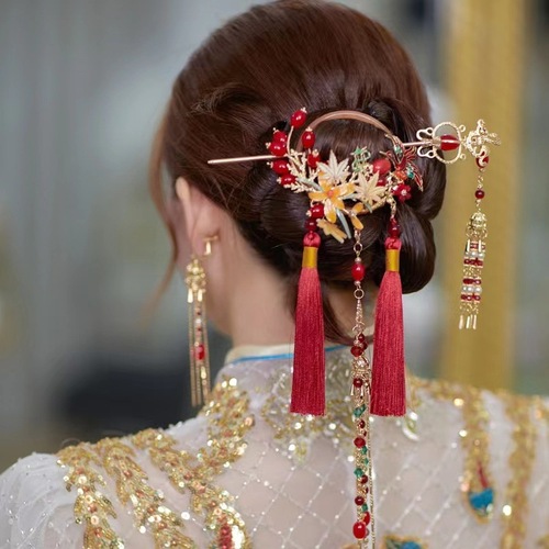 Chinese wedding bridal xiuhe headdress fairy hanfu empress queen cosplay crown gold step wave plate long tassels bun XiuHe tire classical folk bride headdress jewelry