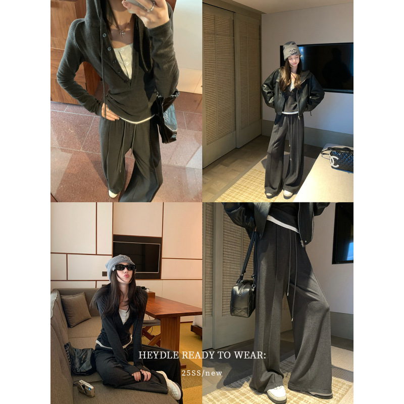 黑豆哼哼 sporty chic*磨毛连帽假两件t恤卫衣抽绳休闲裤套装女秋|undefined