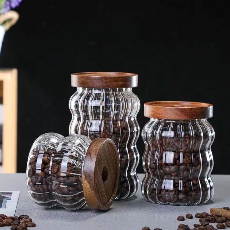 Tanque de sellado de vidrio de almacenamiento vertical ondulado caja de almacenamiento de grano de cocina para el té doméstico con tapa