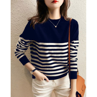 Women's Autumn and Winter Sweater 2025 New Fashion Striped Bottoming Shirt Pullover Round Neck Long Sleeve Loose Slim Easiest for Match Top