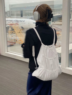 White backpack, nylon water repellent shoulder bag, drawstring, South Korea