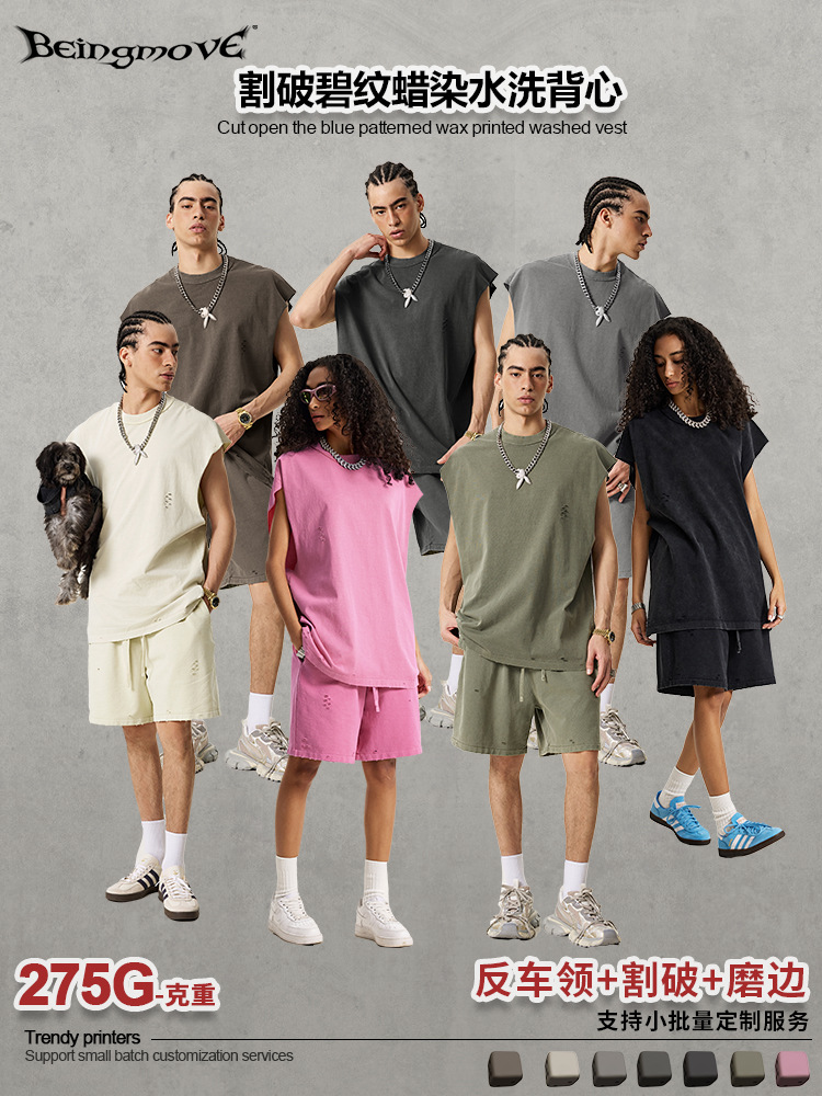 2025 verano marca de moda americana retro agujero camiseta sin mangas hombre pesado batítico chaleco de hombros de moda hombre
