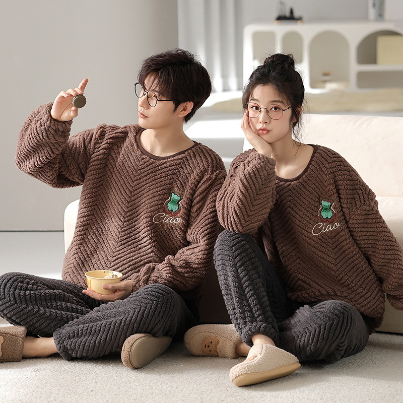 Pareja de franela pijamas de lana de coral hombres y mujeres de dibujos animados de invierno más tamaño cálido forro polar engrosado homewear traje