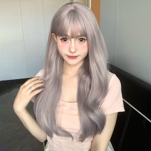 Cheng Ming Wig Female Gray Purple Water Ripple Internet Celebrity Simulation Big Wave Long Curly Hair  Summer Fashion Full Head Cover