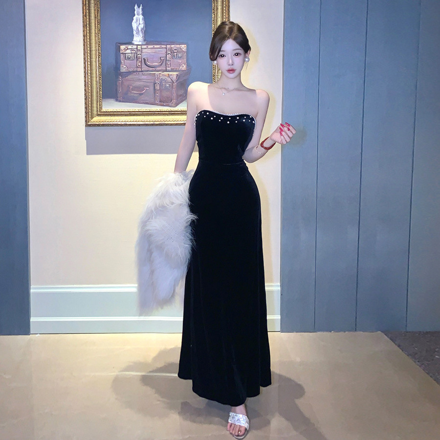 1391 European and American Cross-Border Foreign Trade Women's Clothing Wholesale Light Luxury Socialite Strapless Evening Dress Velvet Waist-Cinching Flared Dress