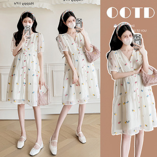 Summer New Embroidered High Waist Slimming Pregnant Women's dress V-neck Bubble Sleeve Floral Elegant Breastfeeding Skirt