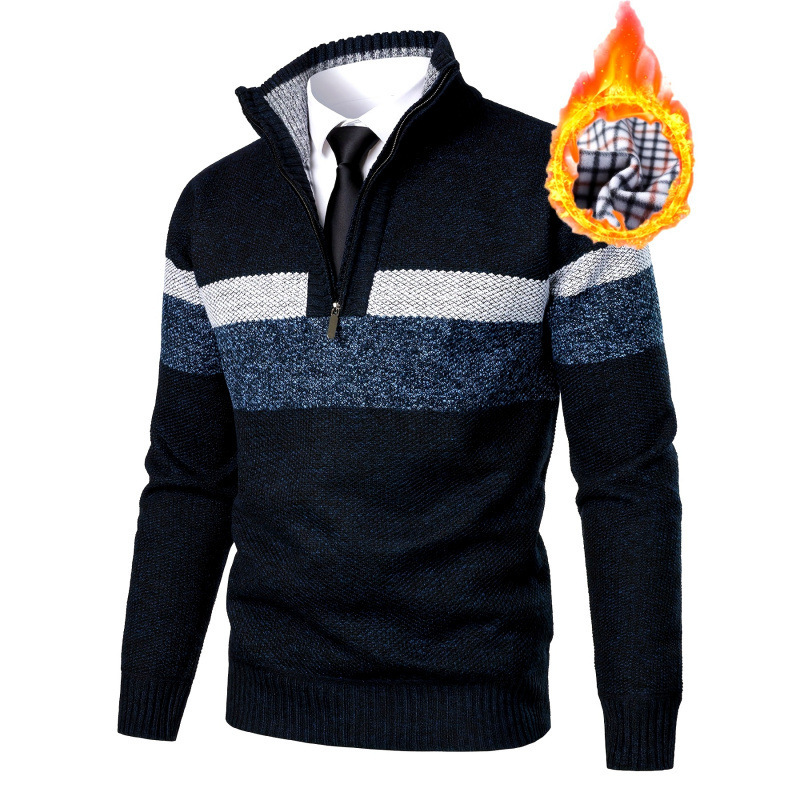 Temu Overseas Warehouse New Dropshipping Men's Sweaters Casual Color-Blocked Stand-Up Collar Knitted Sweater Thick Style