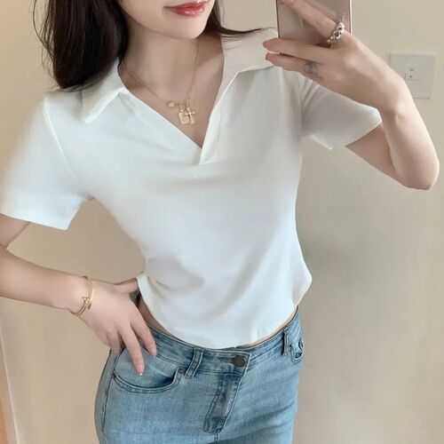 Pure and erotic white V-neck front shoulder short-sleeved T-shirt for women in summer new slim slim short top base