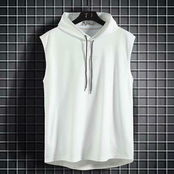 Hooded Vest Men's Fashion Brand Summer Sports Basketball Running Sleeveless T-Shirt Slim-Fit Drawstring Slim Sleeve Vest Men's Thin