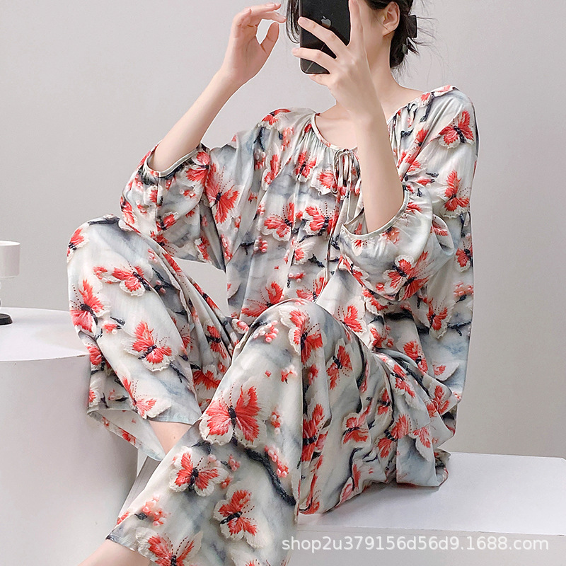 綿シルクパジャマ女性の夏の長袖クール肌に優しい通気性綿シルクホーム服空調服スーツ春と秋の薄いスタイル|undefined