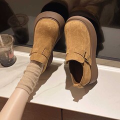 超百合の小柄が高くなった真皮とベルベットの厚い底の百合のベーケン靴女2024秋冬の大頭カジュアル靴