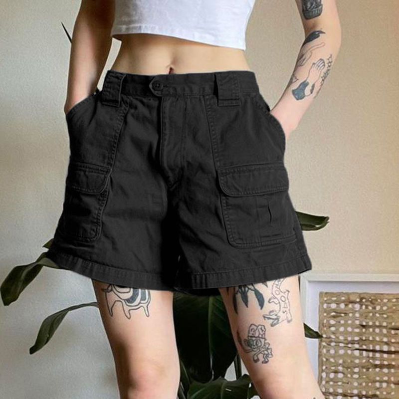 2024 Summer Thin Cement Grey Workwear Denim Shorts Women's American Style Retro Washed Pocket Casual Pants Cool and Handsome