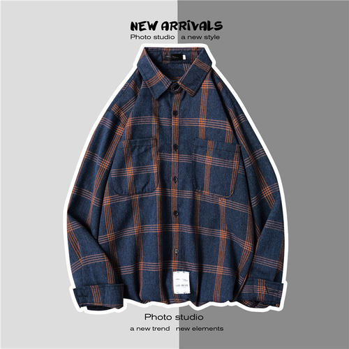 Spring and Autumn Shirt Men Korean Style Trendy Casual Loose Long-Sleeved Shirt Hong Kong Style Versatile Couple Retro Plaid Coat 