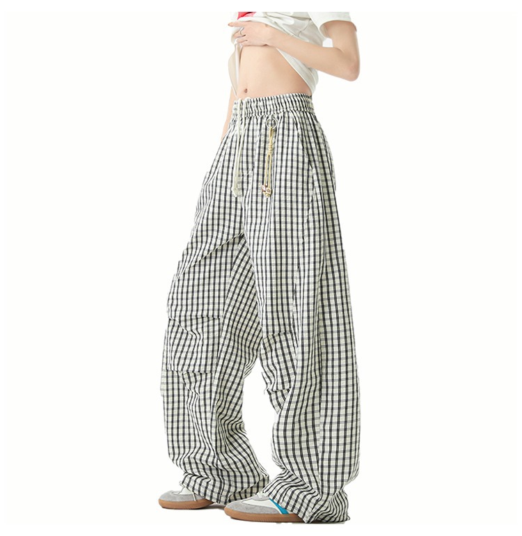 Men's Style Relaxed Fit Plaid Trousers Retro Color Block Wide Leg Casual Trendy Brand Drapey Paratrousers_viptrois.com