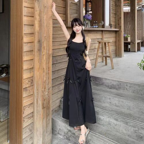 A Sweet Peony Butterfly Bow Medium-Length Strap Dress 2025 Slimming Waist Workover Dress