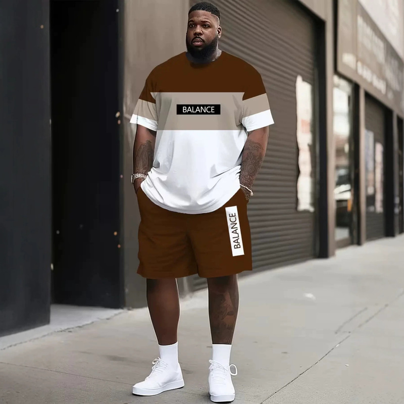 European and American Style Men's Casual Suit, Color-Blocking Balance Printed Short-Sleeve Shirt + Shorts, Summer Sports Two-Piece Set