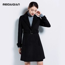 美岱倩黑色毛呢大衣女冬季加厚双面呢中长款修身职业羊毛呢子外套