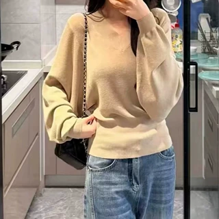 韩系v领蝙蝠袖针织打底衫2026早秋长袖女软糯收腰修身慵懒风 上衣